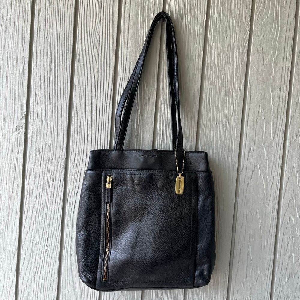 VTG Evan-Picone Black Leather Tote Bag Full Grain Brass Hang Tag Multi Pocket Pu